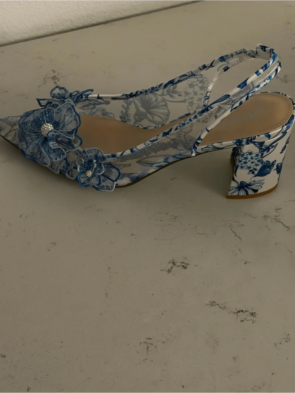 Betsey Johnson Blue Floral Slingback Block Heels with Decorative Flowers